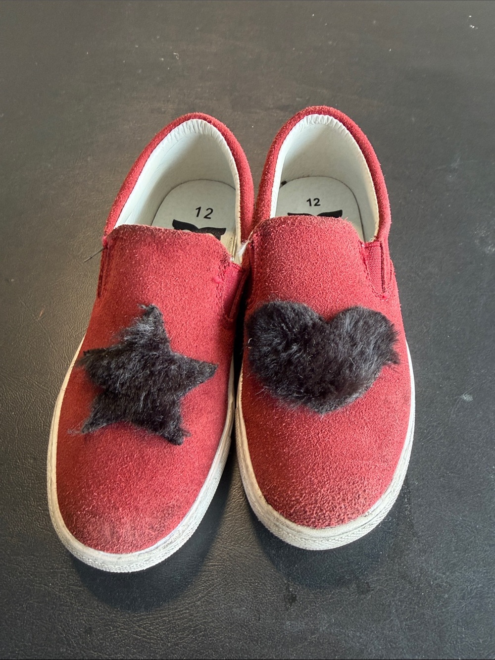 Red Suede Slip-On Kids Sneakers with Black Fuzzy Star & Heart